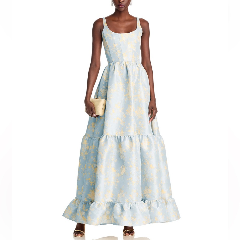 V. Chapman Avery Dress Sky Windsor Brocade Maxi Tiered Blue Gold NWT Size 8 - Picture 3 of 7